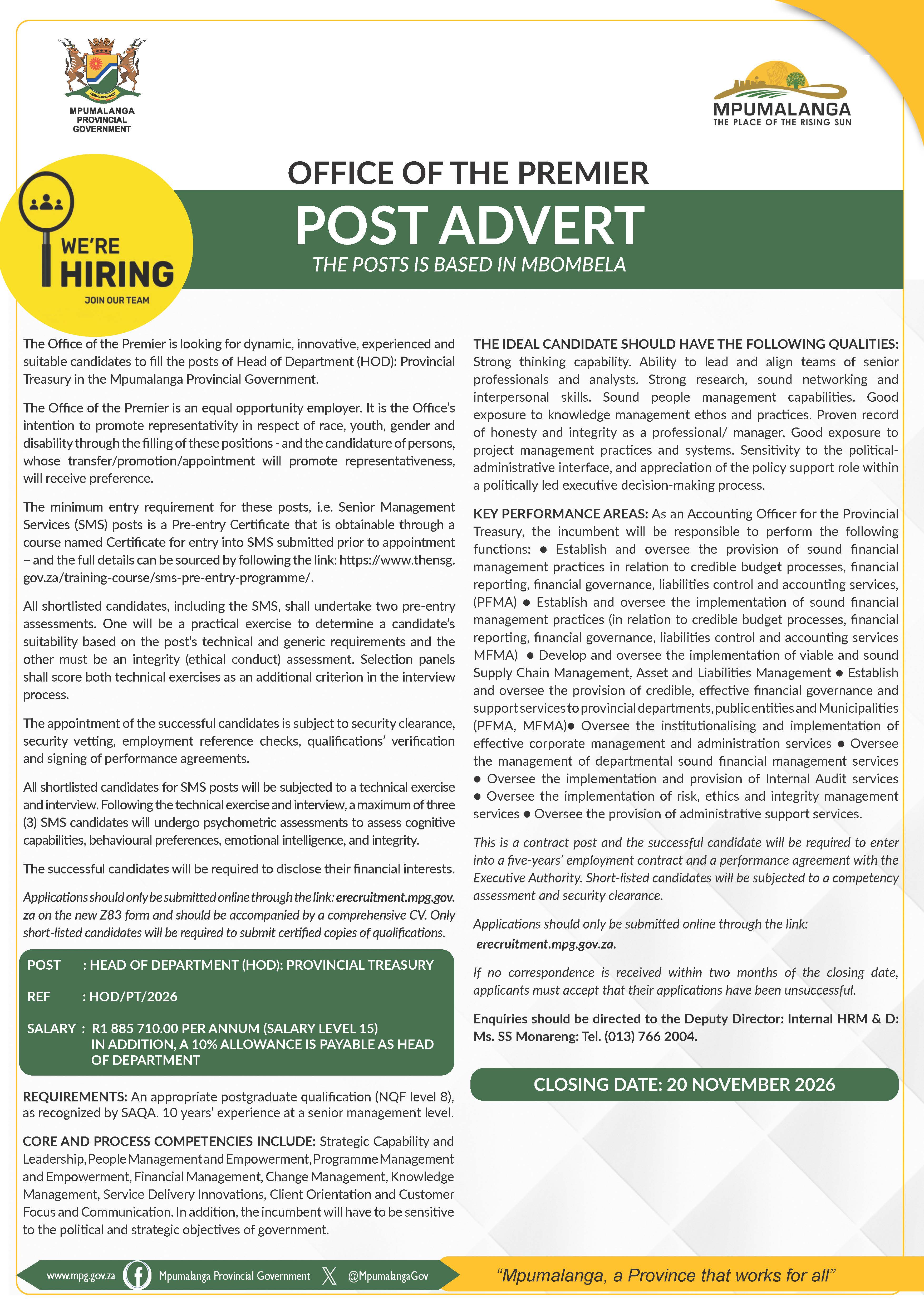 View/download vacant post for Head of Department in the Office of the Premier, closing date is 20 November 2026