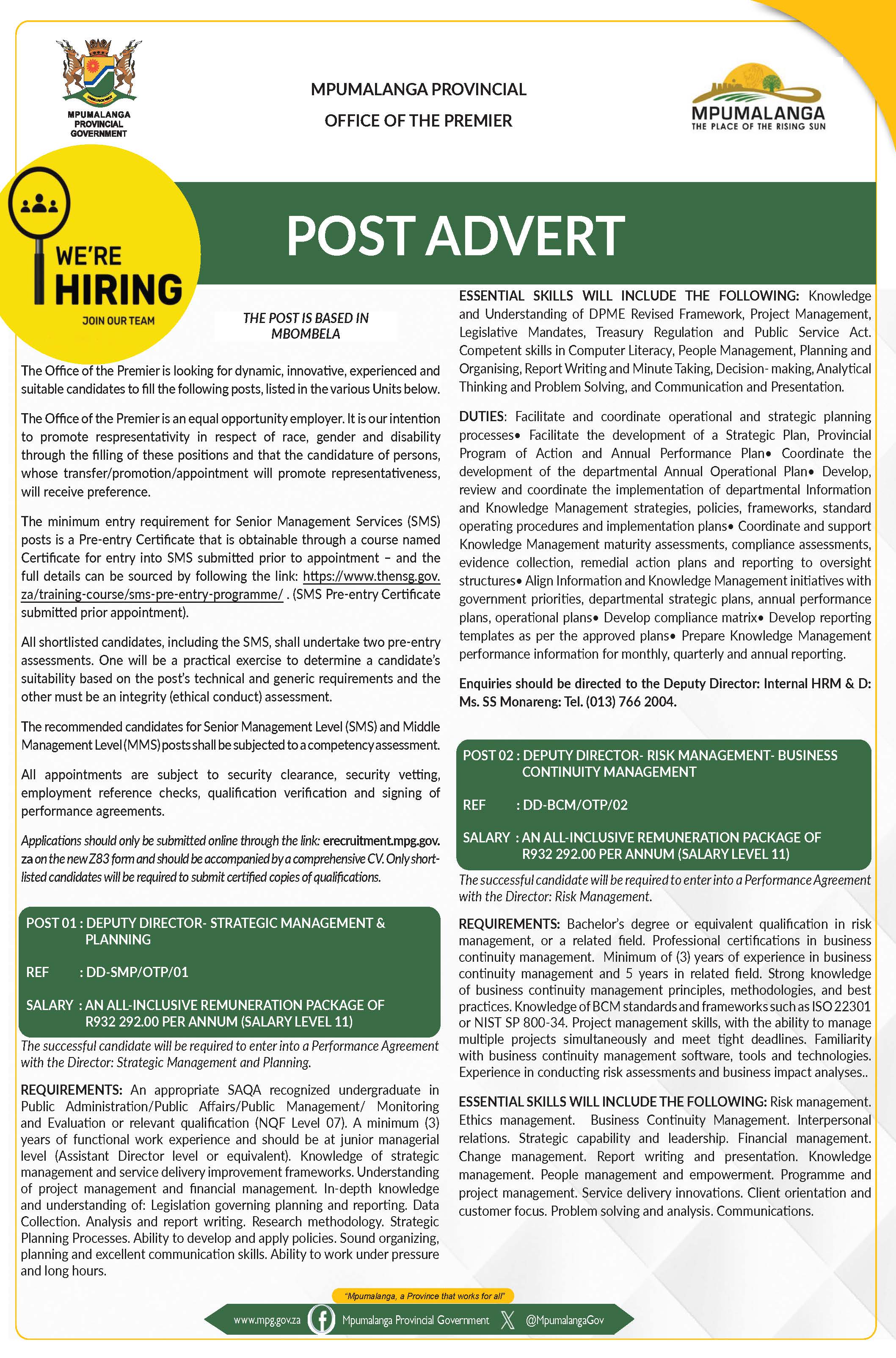 View or download the current vacant posts in the Office of the Premier, closing date is 23 October 2026