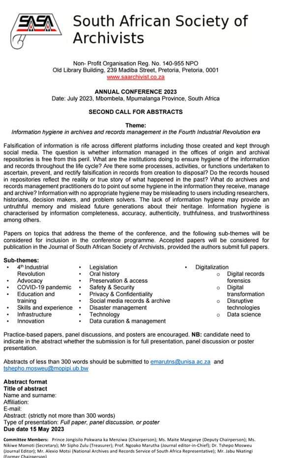 South African Society of Archivists: Call for abstracts