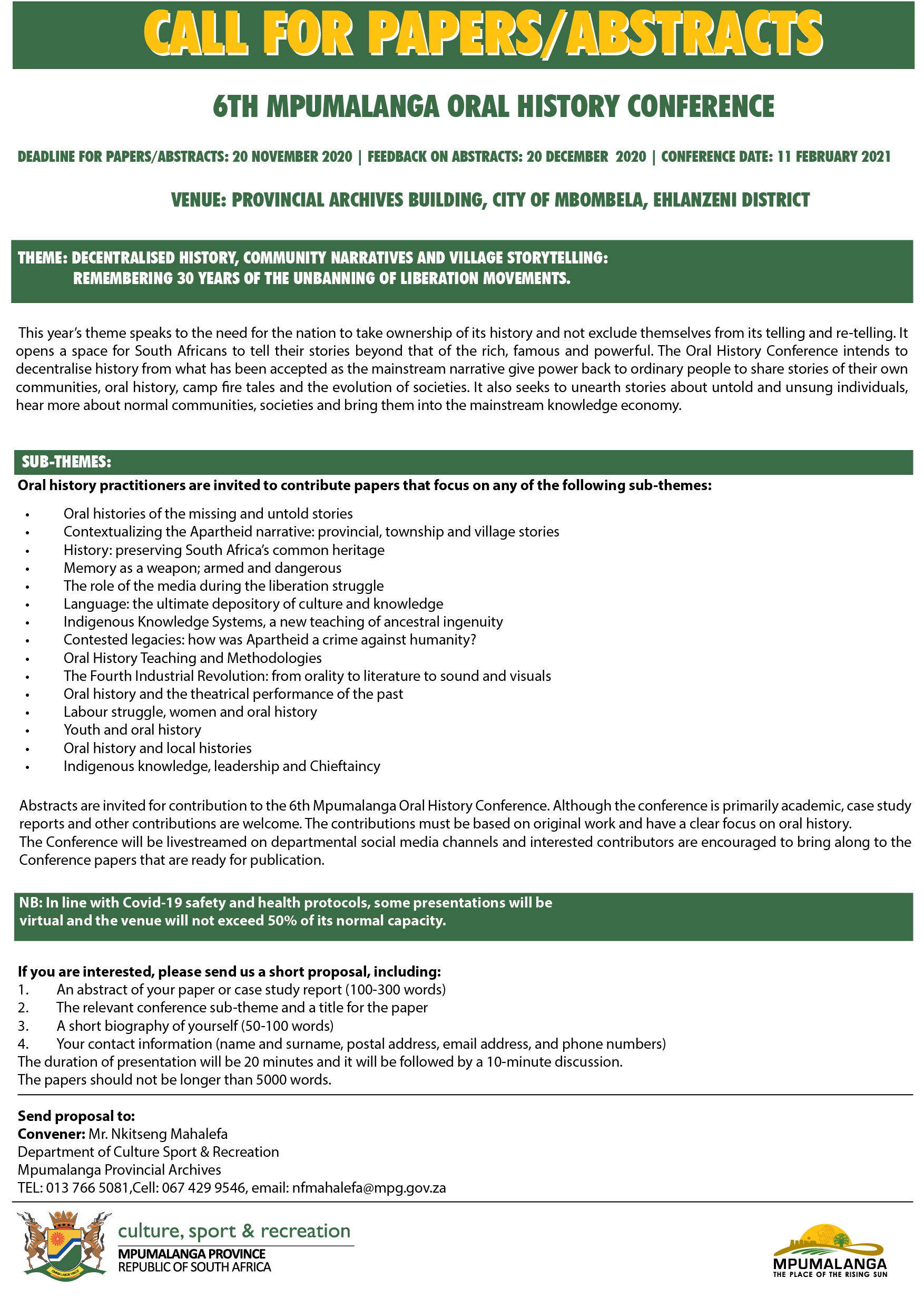 Call for papers for Mpumalanga 6th Oral History Conference