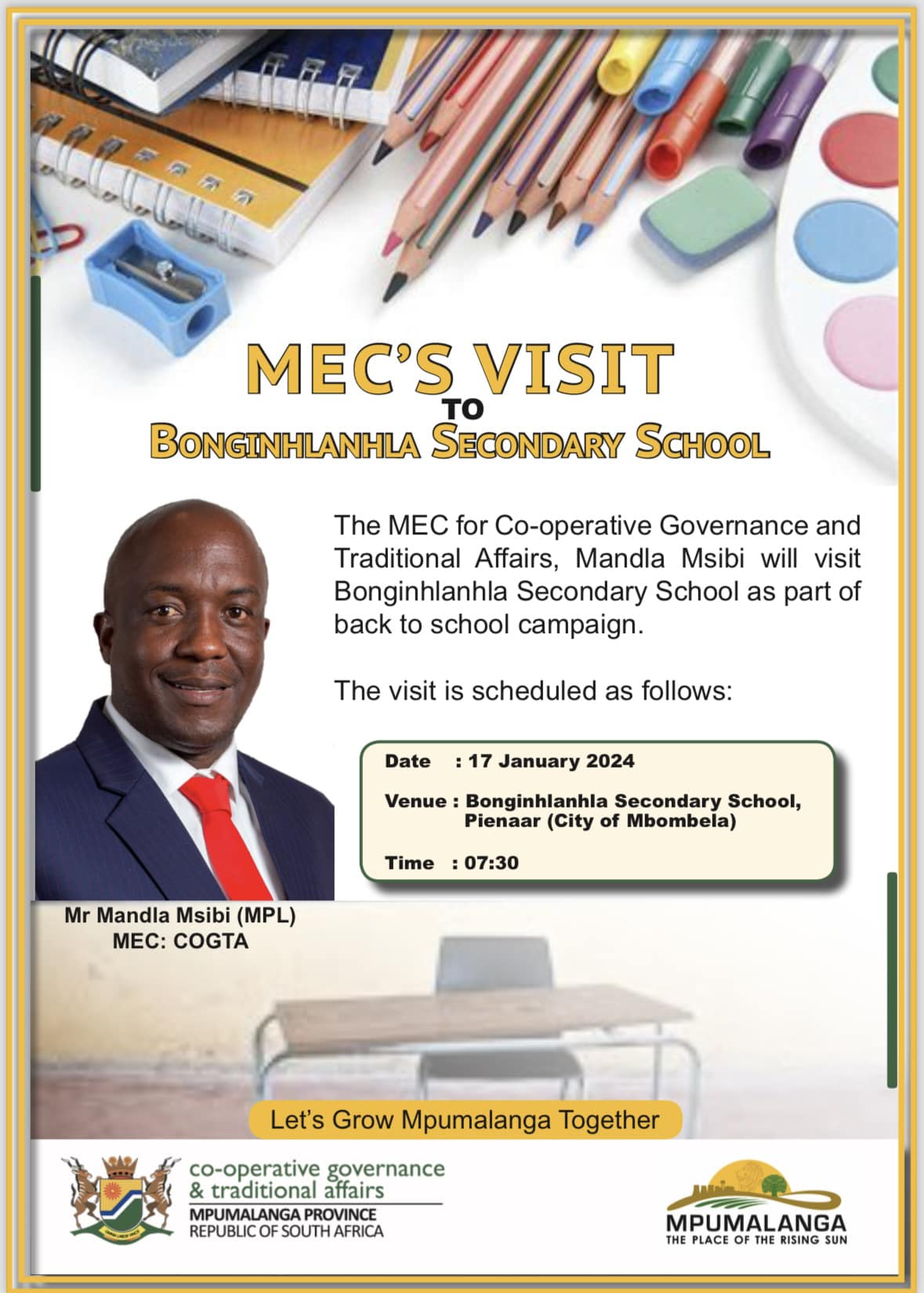 MEC Msibi to visit Bonginhlanhla Secondary School on school opening day for 2024