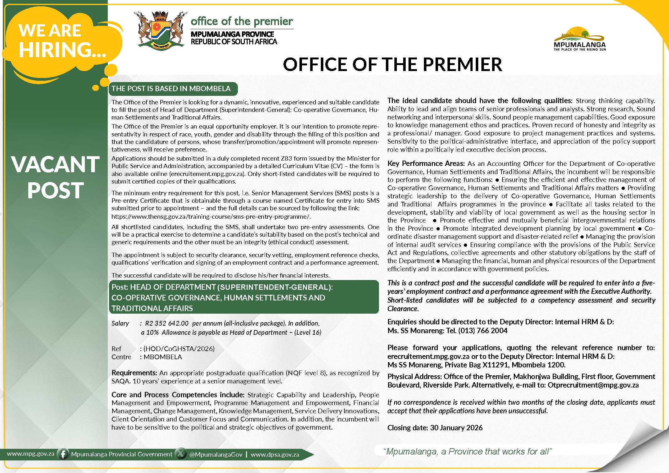 HOD Vacant Post in COGHSTA