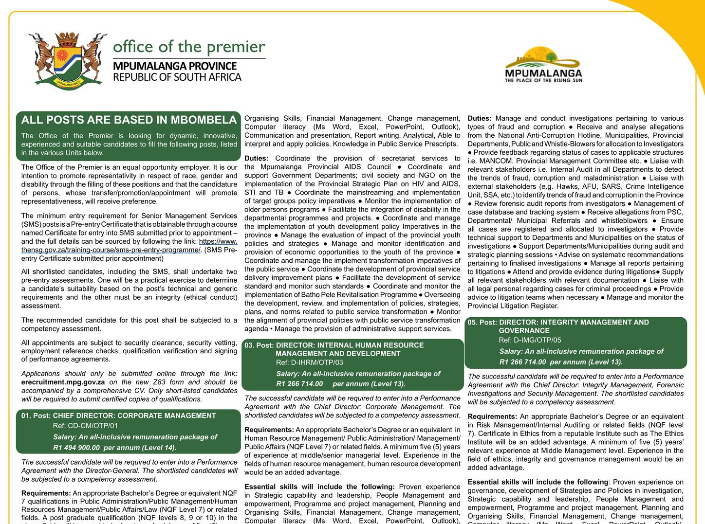 Vacant posts in the Office of the Premier